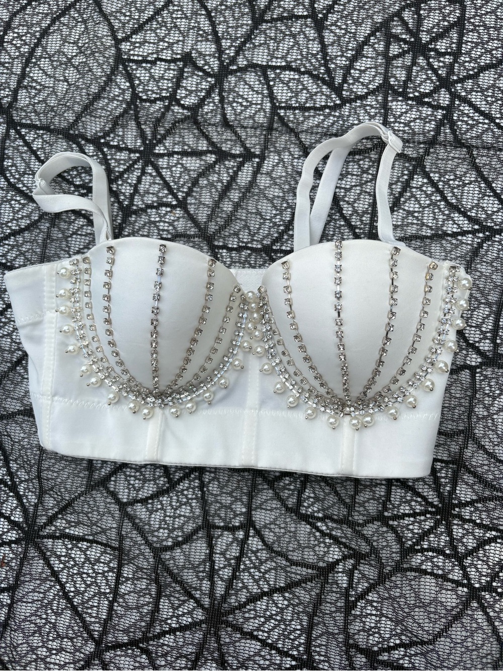 White Embellished Longline Bustier Bra with Pearl & Rhinestone Accents